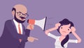 Bossy man crying into megaphone in loud voice addressing woman Royalty Free Stock Photo