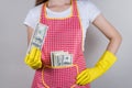 Bossy wife scolding her husband child concept. Cropped close up photo of excited positive proud lady showing pile stack of money