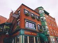 Boston brick red apartments buildings and shop exterior