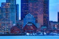 Boston city downtown dusk view from inner harbor