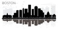 Boston City skyline black and white silhouette with reflections. Royalty Free Stock Photo