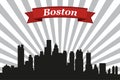 Boston city skyline with rays background and ribbon