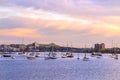 Boston city skyline view with sailboats