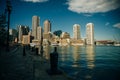 Boston cityscape in sunny day, view from harbor on downtown, Massachusetts, USA Royalty Free Stock Photo