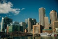 Boston cityscape in sunny day, view from harbor on downtown, Massachusetts, USA Royalty Free Stock Photo