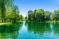 Boston Common lake and skyline in Massachusetts Royalty Free Stock Photo