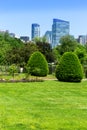 Boston Common park gardens and skyline Royalty Free Stock Photo