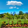 Boston Common park gardens and skyline Royalty Free Stock Photo