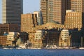 Boston Harbor and the Boston skyline at sunrise as seen from South Boston, Massachusetts, New England