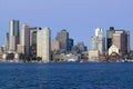 Boston Harbor and the Boston skyline at sunrise as seen from South Boston, Massachusetts, New England