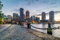 Boston Harbor and Financial District view from harbor on downtown, cityscape at sunset, Massachusetts, USA Royalty Free Stock Photo