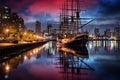 Boston Harbor at night, Boston, Massachusetts, United States of America, Buenos Aires, Puerto Madero at Night, AI Generated