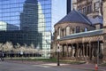 Boston, MA - April 8 2021: Back Bay neighborhood of Boston with office buildings and Trinity church. Center of Boston at Boylston