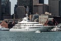 Boston MA USA 05.09.2017 Mayan Queen Yacht sailing boats on Charles River in front of Boston Skyline on sunny summer day Royalty Free Stock Photo