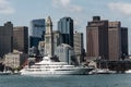 Boston MA USA 05.09.2017 Mayan Queen Yacht sailing boats on Charles River in front of Boston Skyline on sunny summer day Royalty Free Stock Photo