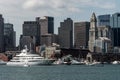 Boston MA USA 05.09.2017 Mayan Queen Yacht sailing boats on Charles River in front of Boston Skyline on sunny summer day Royalty Free Stock Photo