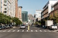 Boston MA USA skyline summer day panoramic view buildings downtown and road with traffic at waterfront side Royalty Free Stock Photo