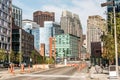 Boston MA USA skyline summer day panoramic view buildings downtown and road with traffic at waterfront side Royalty Free Stock Photo