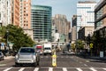 Boston MA USA skyline summer day panoramic view buildings downtown and road with traffic at waterfront side Royalty Free Stock Photo