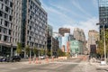 Boston MA USA skyline summer day panoramic view buildings downtown and road with traffic at waterfront side Royalty Free Stock Photo
