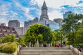 Financial district with Custom House Tower and modern city skyline in Boston