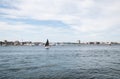 Sailboats in the Boston harbor, looking at the city skyline in the back distance. Royalty Free Stock Photo