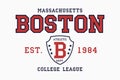 Boston, Massachusetts slogan typography graphics for t-shirt. College print for apparel. Tee shirt design with shield. Vector