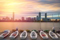 Boston, Massachusetts, USA city skyline on the Charles River with boats Royalty Free Stock Photo