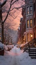 Boston, Massachusetts, USA, Street view of historic old houses at sunset