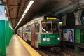 Boston MBTA 'T Line' subway streetcar no. 3701 on the Green line pulls into a quiet station