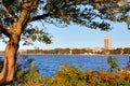 Boston Skyline at Autumn showing Charles River Esplanade at early morning with fall foliage. Royalty Free Stock Photo