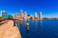 Boston skyline from Fan Pier sunlight Massachusetts Royalty Free Stock Photo