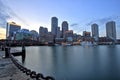 Boston Skyline with Financial District and Boston Harbor at Sunset Royalty Free Stock Photo