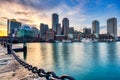 Boston Skyline with Financial District and Boston Harbor at Sunset Royalty Free Stock Photo