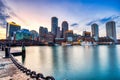 Boston Skyline with Financial District and Boston Harbor at Sunset Royalty Free Stock Photo