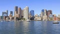 Boston skyline and harbor with boats and Atlantic Ocean on the foreground Royalty Free Stock Photo