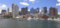 Boston skyline and harbor with boats and Atlantic Ocean on the foreground Royalty Free Stock Photo