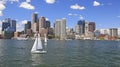 Boston skyline and harbor with boats and Atlantic Ocean on the foreground Royalty Free Stock Photo