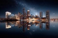 Boston skyline at night with milky way reflection over calm water Royalty Free Stock Photo