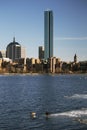 Boston Skyline and Prudential building in winter on half-frozen Charles River, Massachusetts, USA Royalty Free Stock Photo