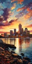 Boston Skyline Sunset Painting: Martin Ansin Inspired Urban Landscape Royalty Free Stock Photo