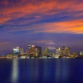 Boston skyline at sunset and river in Massachusetts Royalty Free Stock Photo
