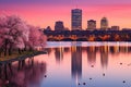 Boston skyscraper illuminated by april pink moonlight on the night after the full moon Royalty Free Stock Photo