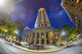 Boston Skyscrapers and Custom House Tower under a starry night, upward view, Massachusetts Royalty Free Stock Photo