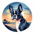 Chic Illustration Of Boston Terrier On Sunset: Coastal Scenery And 2d Game Art