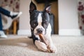Boston Terrier puppy lying on the floor chewing a stick, looking at the camera Royalty Free Stock Photo