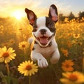 Boston Terrier puppy running through a field of wildflowers in the golden hour by AI generated Royalty Free Stock Photo