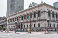 Boston, US - June 2,2019: Rainbow flag hanging outside Boston Public Library during Pride Mounth Royalty Free Stock Photo