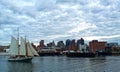 Skyline and marina of Boston behind a sailboat, Massachusetts Royalty Free Stock Photo