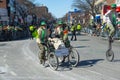 Artistic cycling in Saint Patrick`s Day parade Boston, USA Royalty Free Stock Photo